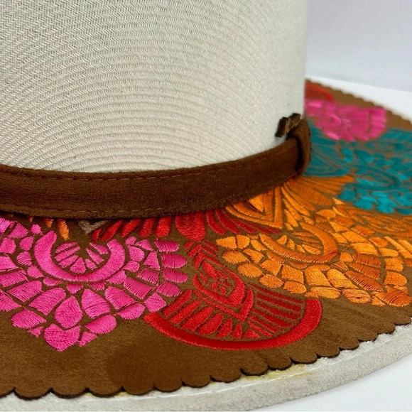 Artesanal Embroidered Colorful Mexican Sombrero Hat Tan Hand Made Large Woman - Picture 4 of 11